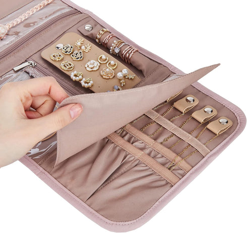BELALIFE Travel Jewelry Case Organizer, Foldable Jewelry Storage Roll for Earrings, Necklaces, Rings, Bracelets, Brooches, Pink...