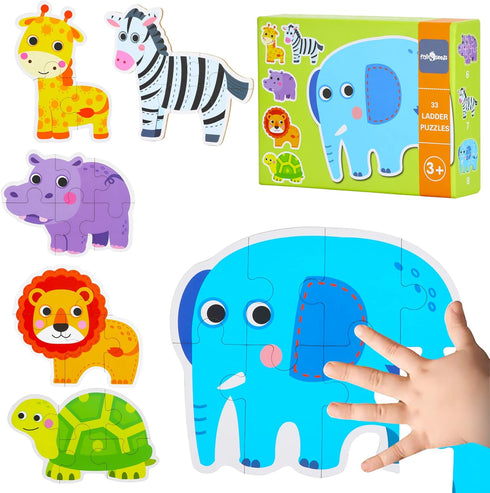 FLYINGSEEDS 6 Packs Safari Animals Shaped Wooden Jigsaw Puzzles for Toddlers Ages 1-3, Level-up Puzzles for Beginner, Montessori Learning Toys Pre...