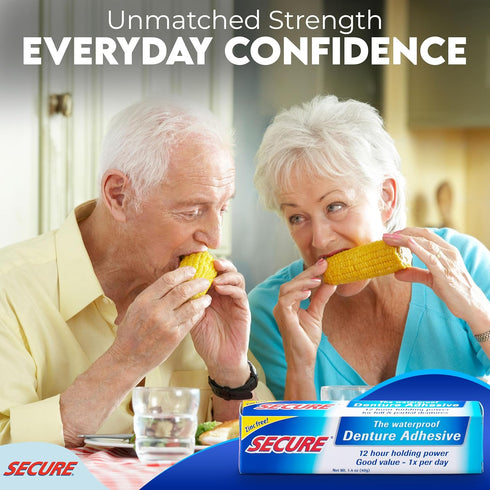 Secure Waterproof Denture Adhesive - Zinc Free - Extra Strong 12 Hour Hold - 1.4 oz (Pack of 2)...