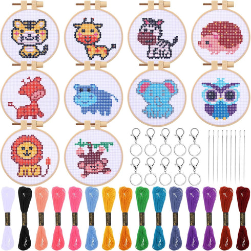 Juinte 10 Pack Stamped Cross Stitch Beginners Kits for Kids Embroidery Starter Cross Kit with Woodland Animal Patterns DIY Needlepoint Sewing Set ...