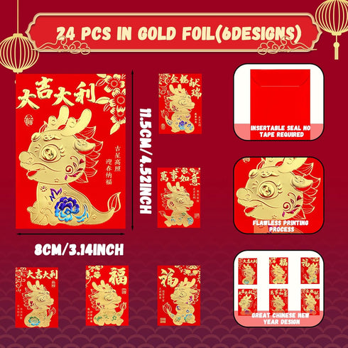 48 Pcs Chinese Red Envelopes 2024 Lucky Money Envelopes Hong Bao Red Pocket Envelope for Money Year of the Dragon 2024 Gifts for Spring Festival W...