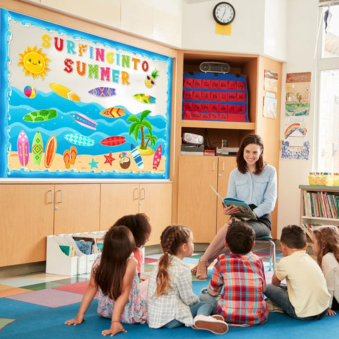 68 Pcs Summer Bulletin Board Decorations Set Summer Surfboard Surfing Classroom Bulletin Board Hawaiian Ocean Beach Surfing into Summer Cutouts fo...