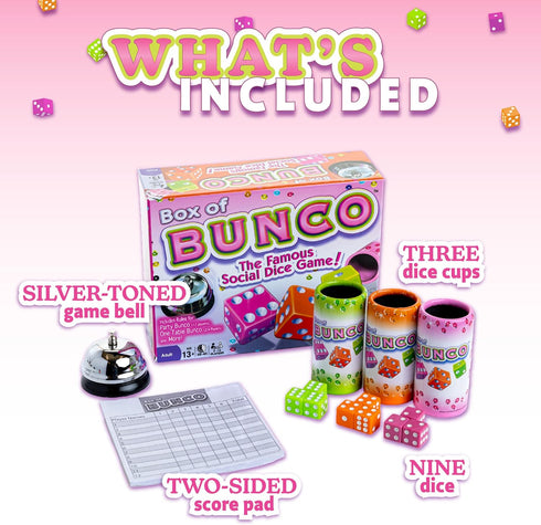 Continuum Games Box of Bunco Game Kit Party Box for Ladies Night 2-12 Players 3 Sets of Bunco Dice, Bell, and Score Pad for Game Night...