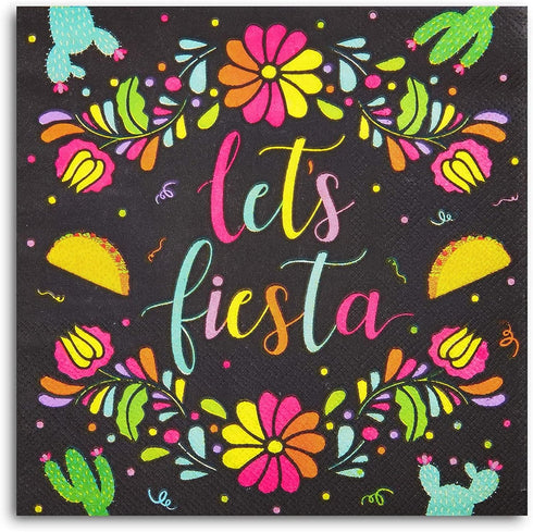 Sparkle and Bash 100 Pack Let's Fiesta Party Napkins for Kids Birthday, Cinco de Mayo Decorations (Black, 6.5 In) - Mexican Decorations for Party...