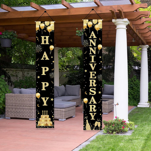 Wedding Anniversary Door Banner - Black Gold Happy Anniversary Sign for Party Decorations, Welcome Porch Outdoor Supplies...