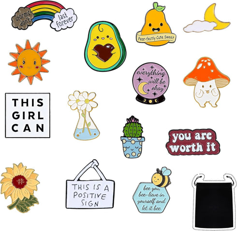 14 Pieces Positive Enamel Pins Set Motivational Enamel Lapel Pin Inspirational Cute Brooch Pin Badges for Women Clothing Bags Hats Decorations...