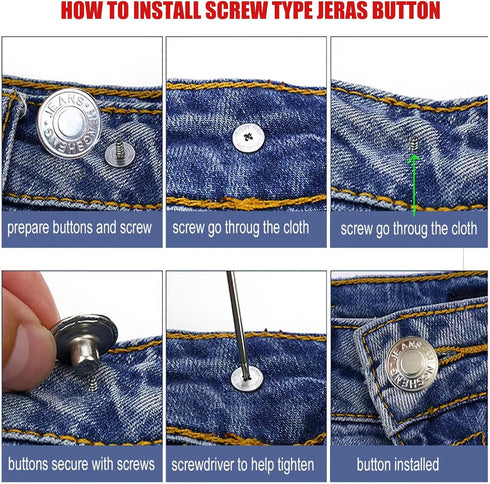 20 Pcs Button for Sewing Metal Jeans, 17 mm No-Sew Nailess Removable Metal Jeans Buttons Replacement Repair Combo Thread Rivets and Screwdrivers.(...