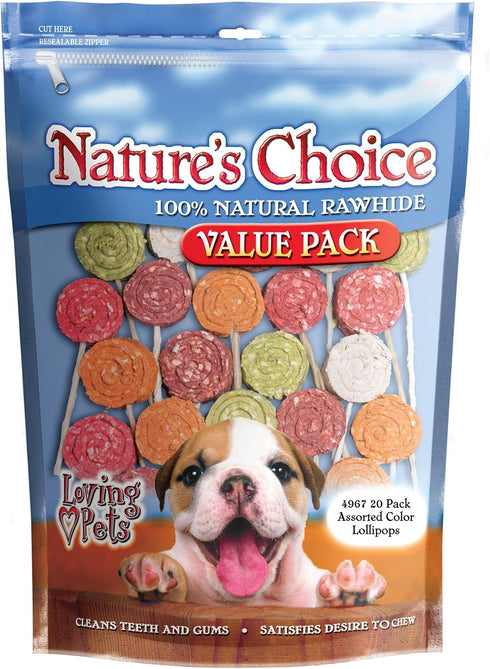 Loving Pets Nature's Choice 100% Natural Rawhide Lollipop with Twist Stick Value Pack, Dog Treat (Assorted Colors)...