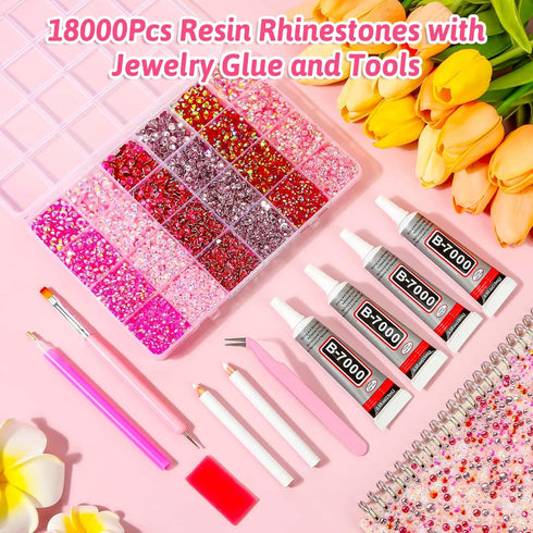 Audab B7000 Glue with 18000Pcs Rhinestones for Crafting, Flat Back Rhinestone Kit Non Hotfix Resin Gems with Clear Jewelry Glue for Clothes Shoes ...