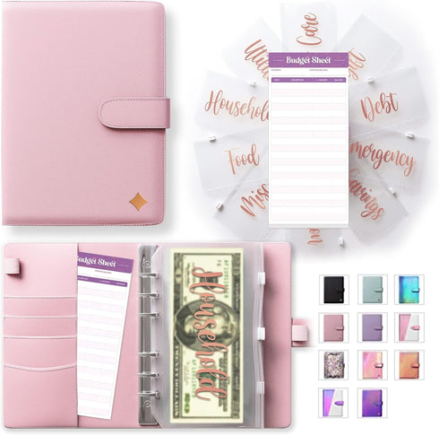 SOUL MAMA Budget Binder with Zipper Envelopes - Pink Money Organizer for Cash, A6 Binder Cash Envelopes for Budgeting, Money Saving Binder with Ro...