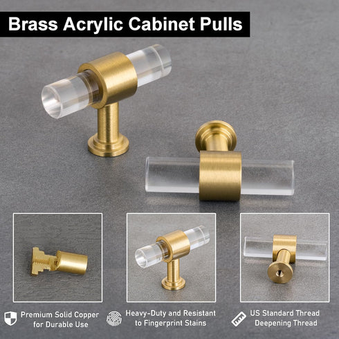 QOGRISUN 2-Pack Acrylic Cabinet Knobs with Brass Base,Gold Modern Drawer Euro Style T Bar Handles, Kitchen Dresser Drawer Clear Glass Crystal Pull...