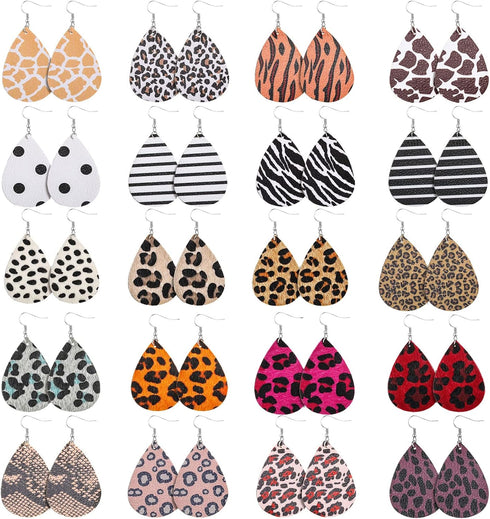 Hicarer 20 Pieces Leather Earrings for Women Petal Leopard Print Teardrop Dangle Earrings(Solid Teardrop Style)...