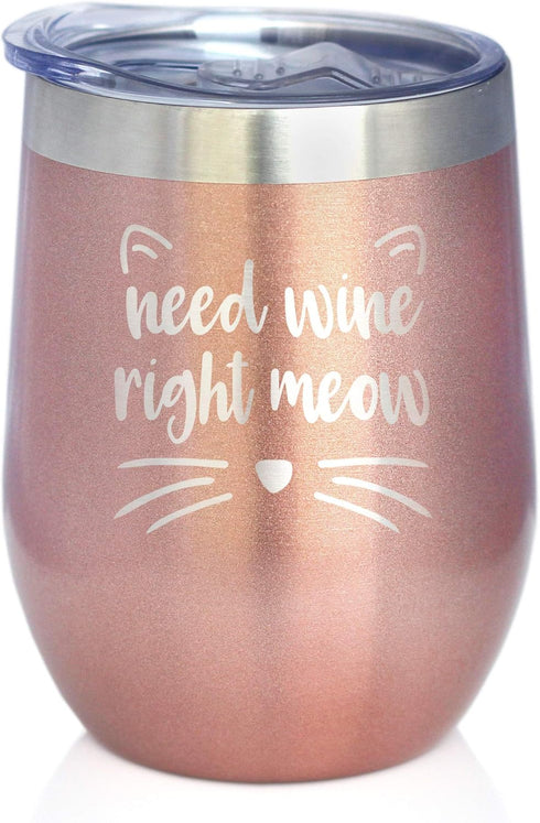 Bevvee Need Wine Right Meow - Cat Wine Tumbler Glass with Sliding Lid - Stemless Stainless Steel Insulated Cup - Funny Cute Gifts - Rose Gold...