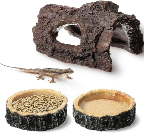 Reptile Hide, Reptile Food Bowls, Lizard Resin Hollow Tree Trunk Hideout, Bearded Dragon Tank Accessories Reptile Water Dish Habitat Tank Decorati...
