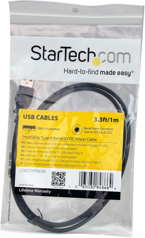 StarTech.com 1m USB to Type N Barrel 5V DC Power Cable - USB A to 5.5mm DC - 1 Meter USB to 5.5mm DC Plug (USB2TYPEN1M), Black...