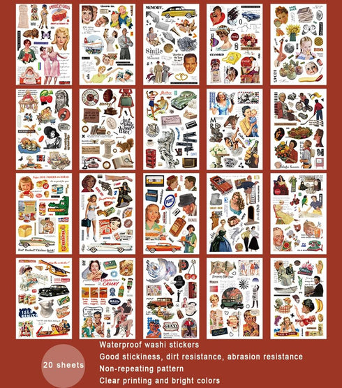 Vintage Washi Aesthetic Scrapbooking Book Stickers - 20 Sheets Journaling Supplies Kit Pack for Scrapbook Bullet Journaling Diary Planner Craft Al...