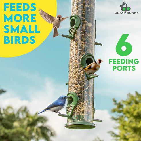 Gray Bunny Metal Bird Feeders for Outdoors Hanging, 6-Port Metal Bird Feeder Tube, Durable, Chew-Proof and Rust-Proof, 16 Inches...