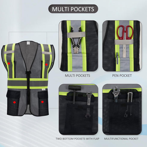High Visibility Reflective Safety Vest with Zipper and Pockets Translucent Black,L...