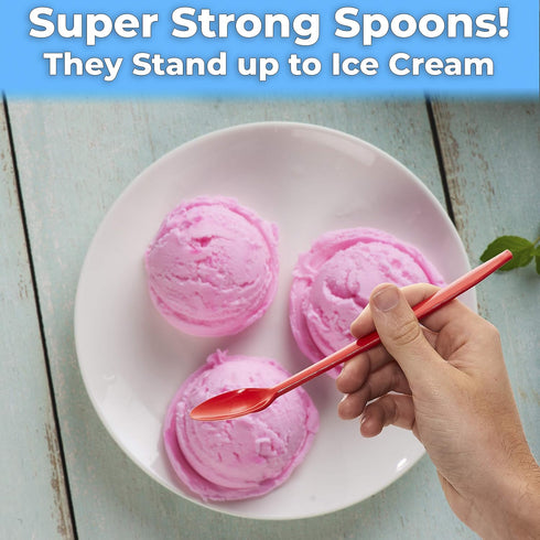 Extra Long, Sturdy Red 8in Premium Sundae Spoons 50ct. Heavy Duty Disposable Plastic Utensils for Ice Cream, Milkshakes, Tea and Floats. Best Stir...