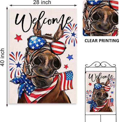 Welcome 4th of July Donkey Patriotic Decorative Flag, America Stars Stripes Firework Garden Yard Outside Decorations, American USA Outdoor Large H...