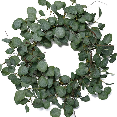 idyllic Eucalyptus Leaves Wreath Metal Polyester Fabric Paper Round Green Wreath 22 Inches for The Front Door Decor...