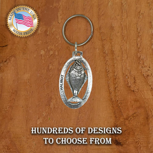 Halibut Keychain, Pewter, S061KC, 2”, 100% Handmade in the USA, Fish Keychain, Saltwater Key Chain, Pacific Halibut Key Ring, Key Fob, Fishing Gif...