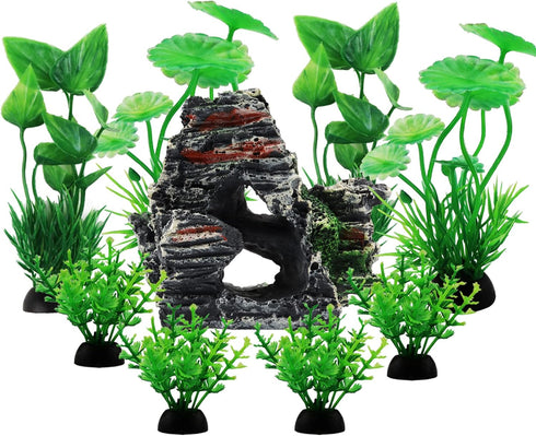 Aquarium Decorations Plants with Rockery View, Aquarium Decor Green Plants and Rock Cave Hideout Ornaments, Fish Tank Accessories, Fish Tank Plant...