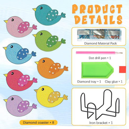 Tontut 8 Pcs Diamond Painting Wooden Coasters with Holder, DIY Little bird Coasters Diamond Art Kits for Beginners, Adults Small Diamond Painting ...