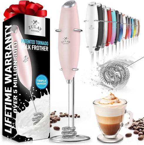 Zulay Kitchen Tornado Whisk Milk Frother Handheld - Coffee Frother Wand With Stand - Triple Whisk Hand Held Drink Mixer - Electric Stirrer Frothin...