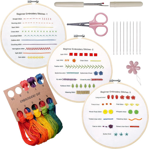 Bonroy Beginners Embroidery Stitch Practice kit, 3 Sets Embroidery Kit to Learn 30 Different Stitches for Craft Lover Hand Stitch with Embroidery ...