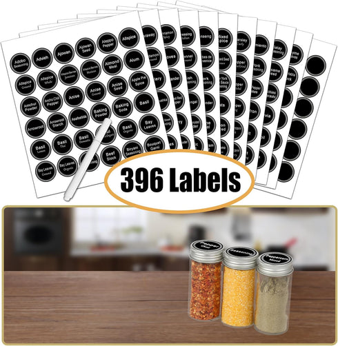 SWOMMOLY 3 Tier Spice Rack Organizer with 24 Empty Round Spice Jars, 396 Spice Labels, Funnel and Chalk Marker Complete Set, Black...