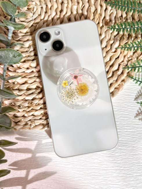 Pressed White Daisy Flowers Phone Grip Holder,Handmade Expandible Collapsible Transparent Cell Phone Accessory, Dried Natural Flowers Phone Stand,...