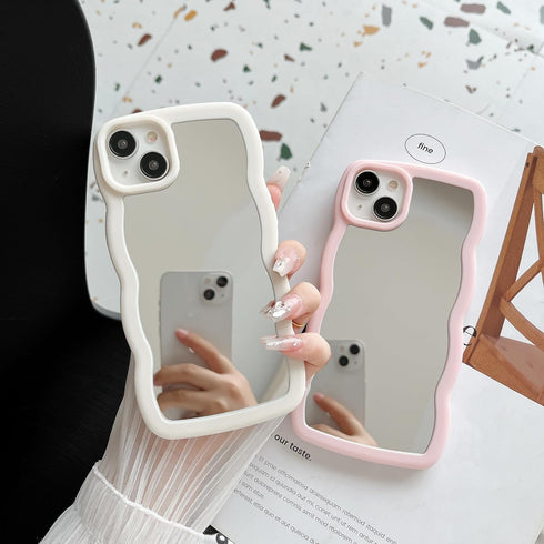 Jmltech for iPhone 15 Case Mirror Curly Wave Frame Shape Silicone Cute Shockproof Ultra Thin Protective Phone Case for iPhone 15 Beige Bumper...