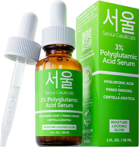 SeoulCeuticals Organic Polyglutamic Acid Serum - Korean Skin Care + Hyaluronic Acid + Centella Asiatica - K Beauty Anti Aging - Healthy Glowing Sk...