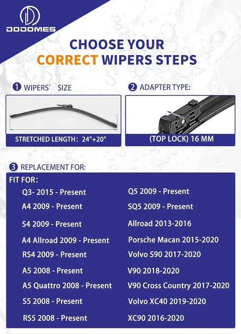 Dodomes 2 Factory Windshield Wiper Blade Wiper Set for Audi A4 A4 Quattro A4 Allroad S4 Q5 SQ5 Q3 A5 S5 RS5 2009-2020 Original Equipment Replaceme...