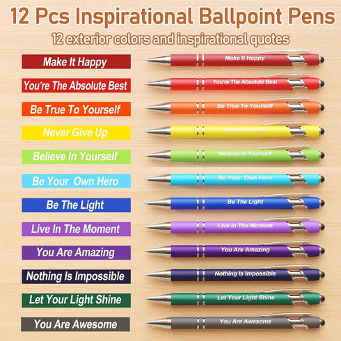 12 Pcs Inspirational Pens Bulk, Motivational Pens Ballpoint with Stylus Tips, 0.5mm Smooth Writing Pens Fine Point of Black Ink, 12 Colors with Gi...