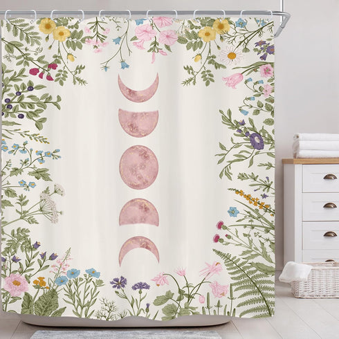 Riyidecor Witchy Moon Phase Shower Curtain for Bathroom Decor 72Wx72H Floral Pink Rustic Wildflower Plant Leaves Botanical Herbs Nature Art Printe...