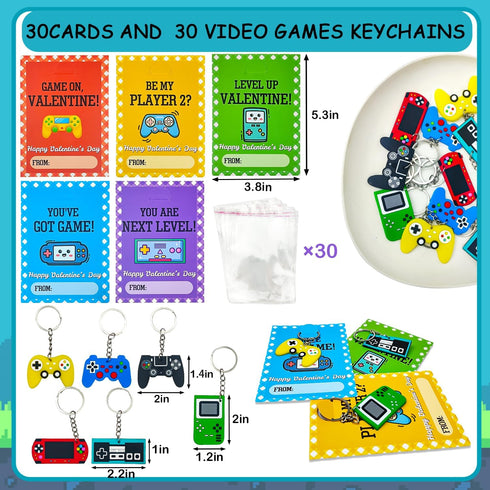 Valentines Day Gifts Cards for Kids Classroom, 30 Pack Video Games Keychains with Class Exchange Cards for Kids, Valentine Goodies Bag Stuffers Sc...