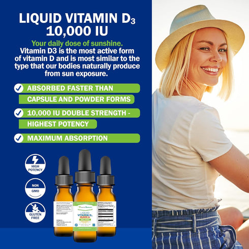 Power By Naturals Vitamin D3 Liquid Drops 10000 IU - High-Potency Vitamin D3 for Adult Bone Strength & Immune Support - Gluten-Free, Non-GMO, Suga...