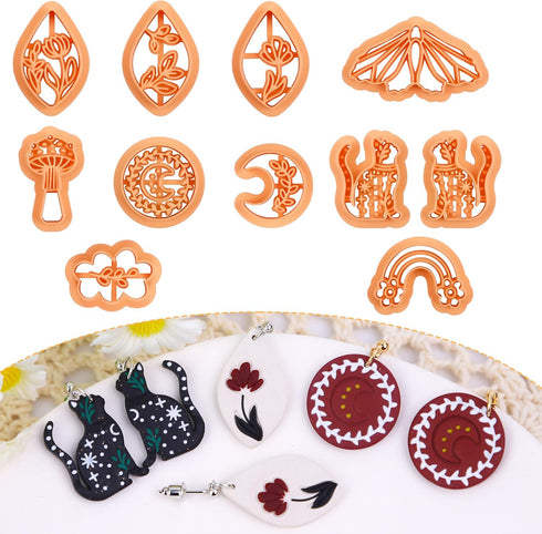 Puocaon Boho Polymer Clay Cutters - 11 Pcs Bohemian Clay Cutters for Earrings, Cat Moth Polymer Clay Cutters for Jewelry, Mushroom Clay Cutters, R...