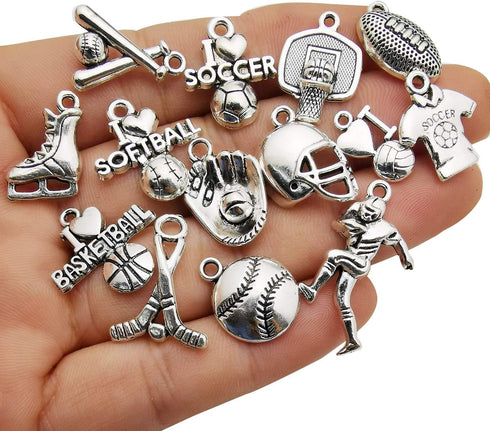 WOCRAFT 50pcs Wholesale Bulk Lots Ball Game Sports Charms for Jewelry Making Mixed Smooth Tibetan Silver Metal Charms Pendants DIY for Jewelry Mak...