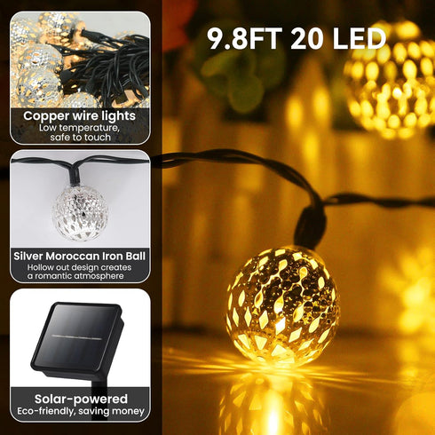 Solar String Lights for Outside, 9.8FT 20LED Outdoor Solar String Lights with 8 Mode, Moroccan Solar Fairy Lights, Waterproof Globe Solar Twinkle ...