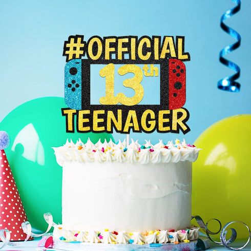 13th Official Teenager Cake Topper Decorations - Birthday Theme Picks Cheers to 13 Years Old game Party Decoration- Handmade black gold red blue G...