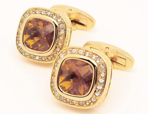 14K Gold Plated Brown Gem Stone Cufflinks for Men Wedding Dress Men Crystal Cufflink for Shirt Party Birthday Anniversary Dress...