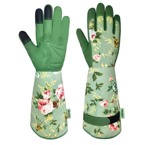 WANCHI Gardening Gloves, Durable and Comfortable Women's Long Garden Gloves for Gardening Work and Yard Work, Leather Gardening Gloves for Women, ...