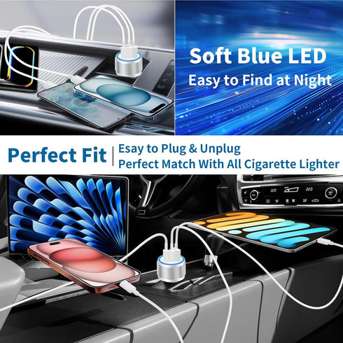 USB C Car Charger, Rombica 3-Port 67W Dual PD USB-C&USB-A Car Power Cigarette Lighter Adapter PD/QC3.0 Type C Car Charger Fast Charging for iPhone...