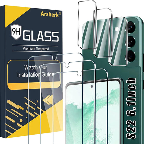 Screen Protector (3 Pack) for Samsung Galaxy S22 5G, 9H Tempered Glass, Ultrasonic Fingerprint Compatible, HD Clear, Case Friendly, 6 Pack Includi...