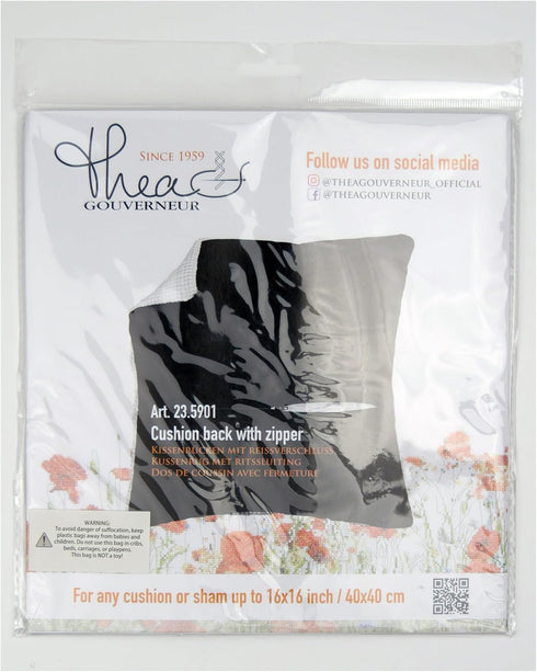 Thea Gouverneur Cushion Back Kit with Zipper - Black - for any 16x16 Inch (40x40cm) Cushion- Cross Stitch Creations - Embroidery - Embroidery Kit ...