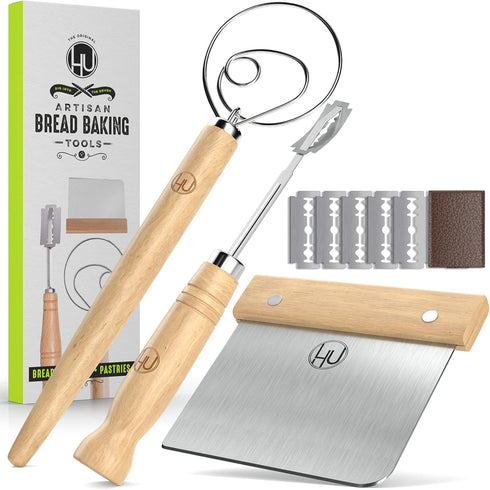 LHU Bread Making Tools and Supplies - Set of 3 - Danish Dough Whisk, Bread Lame, Bench Scraper - Dough Hook with Bread Scraper, Lame Bread Tool, B...