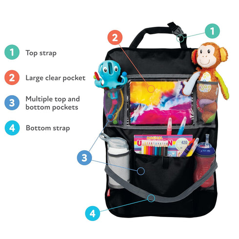 Nuby Backseat Car Organizer Set: Organizer with Tablet Holder, Storage Pockets and 5 Linkable Hooks for Attaching Accessories | Easy to Clean Blac...